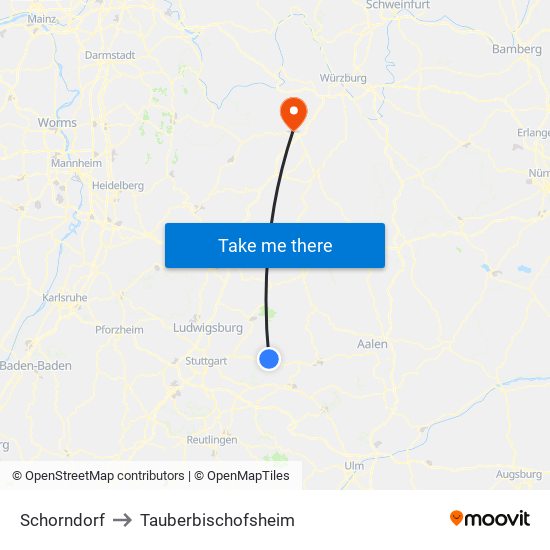 Schorndorf to Tauberbischofsheim map