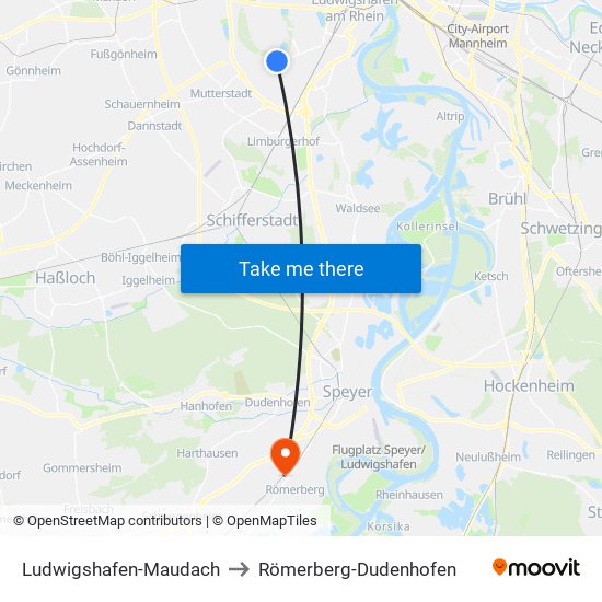 Ludwigshafen-Maudach to Römerberg-Dudenhofen map