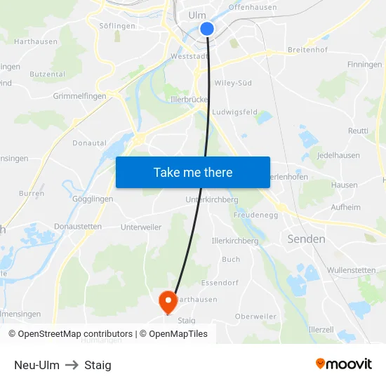 Neu-Ulm to Staig map