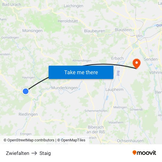 Zwiefalten to Staig map