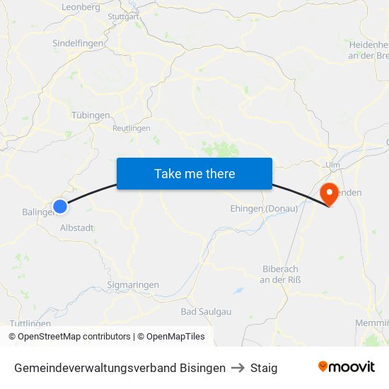 Gemeindeverwaltungsverband Bisingen to Staig map