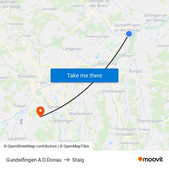 Gundelfingen A.D.Donau to Staig map