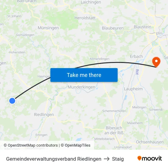 Gemeindeverwaltungsverband Riedlingen to Staig map