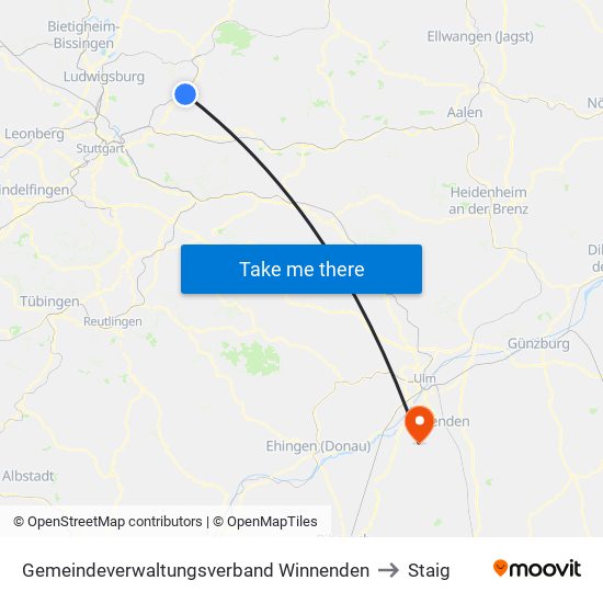Gemeindeverwaltungsverband Winnenden to Staig map