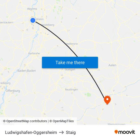 Ludwigshafen-Oggersheim to Staig map