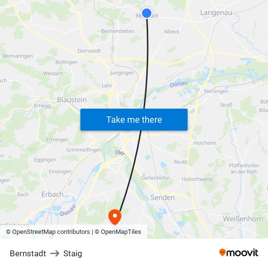 Bernstadt to Staig map