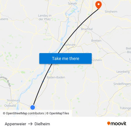 Appenweier to Dielheim map