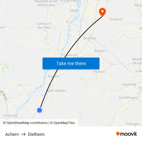 Achern to Dielheim map