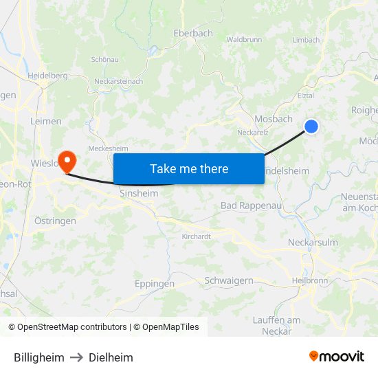 Billigheim to Dielheim map