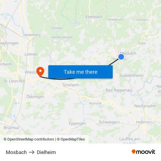 Mosbach to Dielheim map