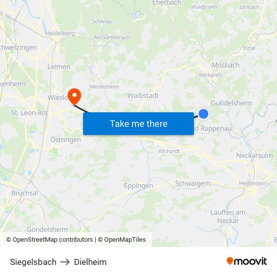 Siegelsbach to Dielheim map