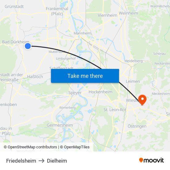 Friedelsheim to Dielheim map