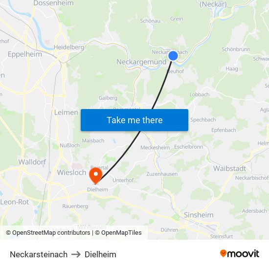 Neckarsteinach to Dielheim map