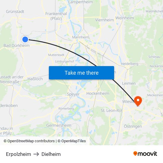 Erpolzheim to Dielheim map