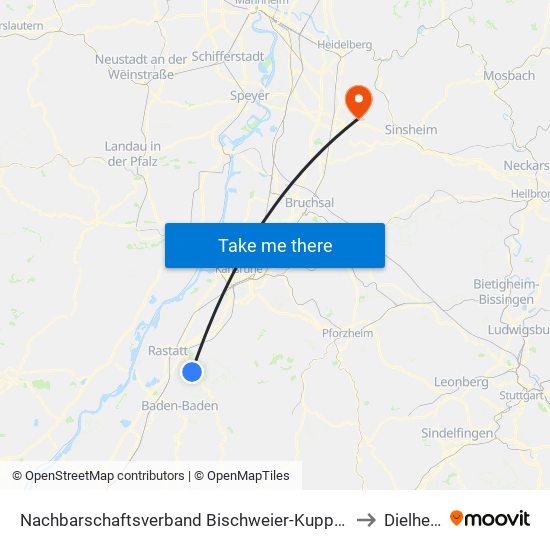 Nachbarschaftsverband Bischweier-Kuppenheim to Dielheim map