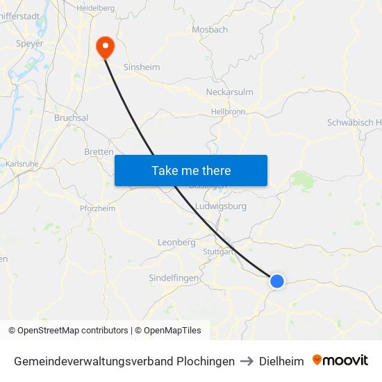 Gemeindeverwaltungsverband Plochingen to Dielheim map