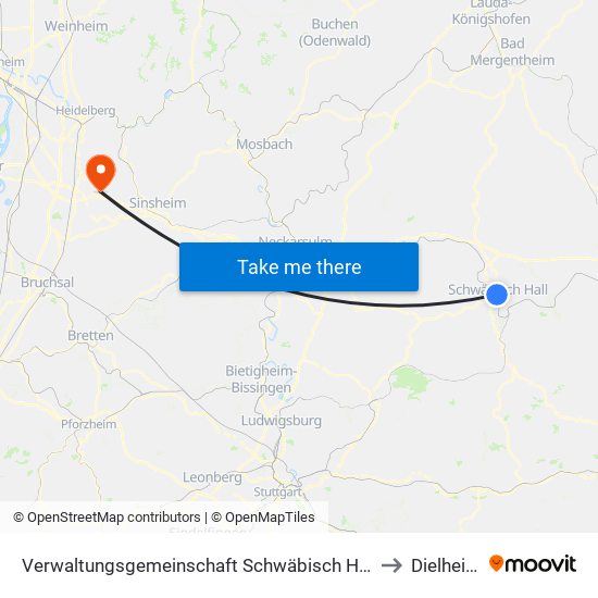 Verwaltungsgemeinschaft Schwäbisch Hall to Dielheim map