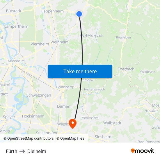 Fürth to Dielheim map
