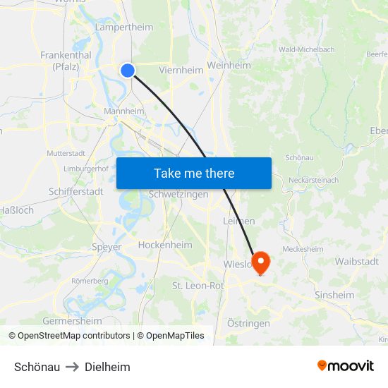 Schönau to Dielheim map