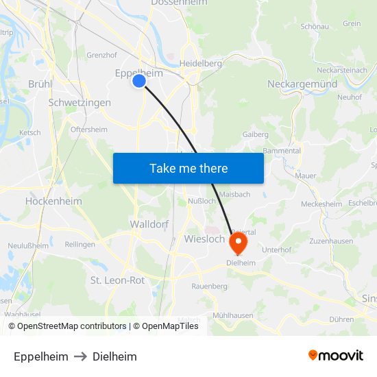 Eppelheim to Dielheim map