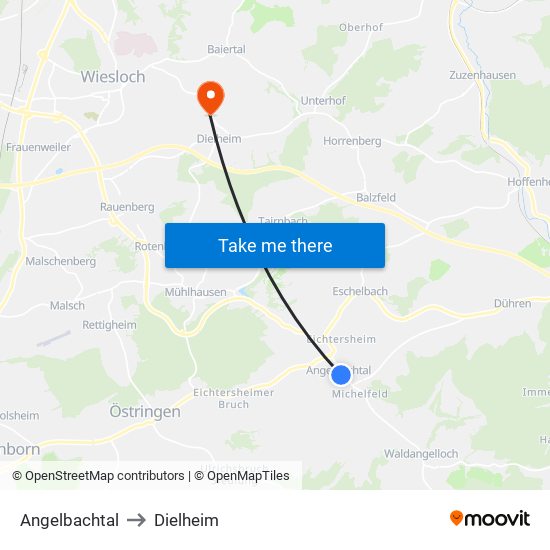 Angelbachtal to Dielheim map