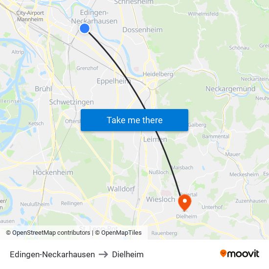 Edingen-Neckarhausen to Dielheim map