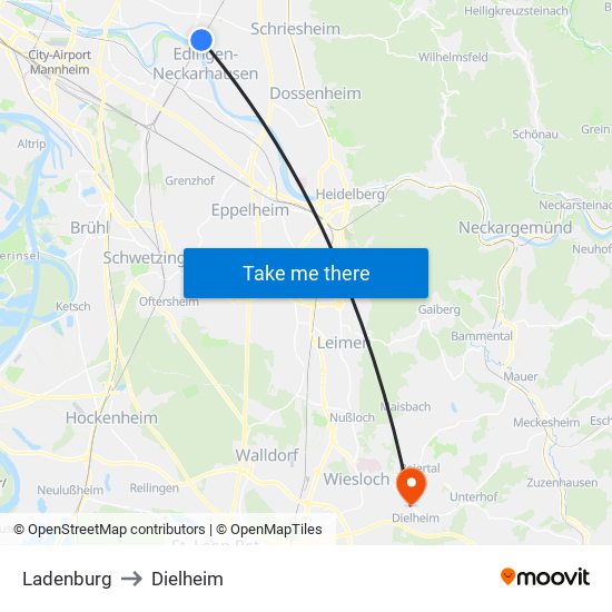 Ladenburg to Dielheim map