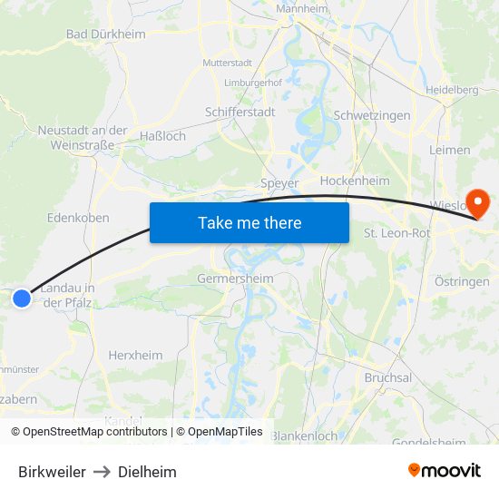 Birkweiler to Dielheim map