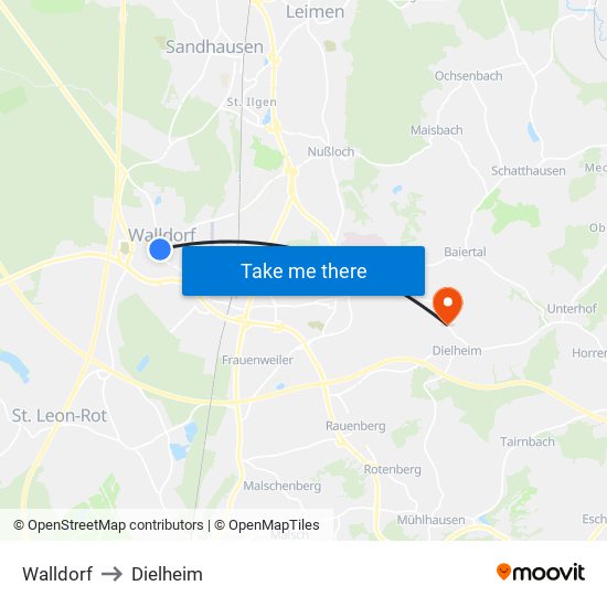Walldorf to Dielheim map