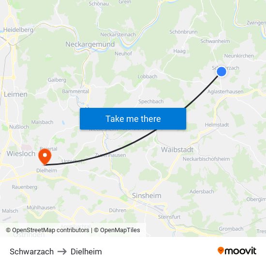 Schwarzach to Dielheim map