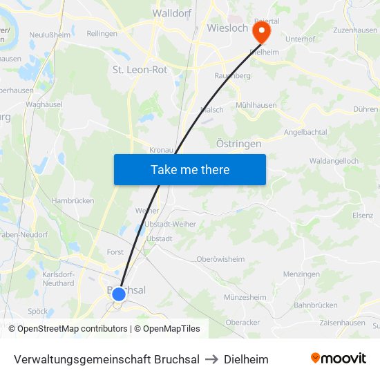 Verwaltungsgemeinschaft Bruchsal to Dielheim map