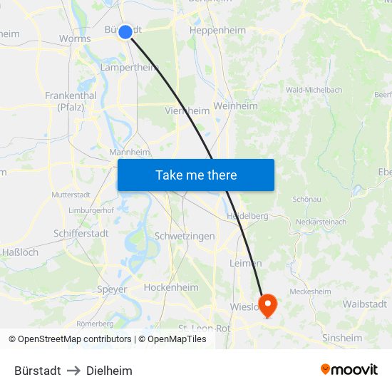 Bürstadt to Dielheim map
