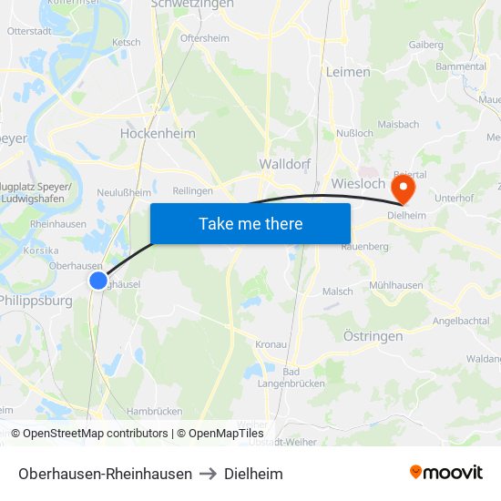 Oberhausen-Rheinhausen to Dielheim map