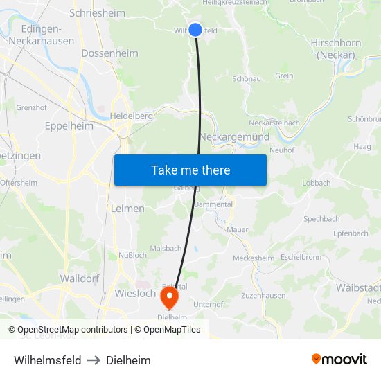 Wilhelmsfeld to Dielheim map