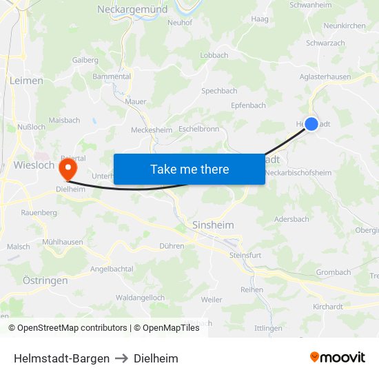 Helmstadt-Bargen to Dielheim map