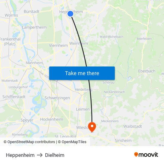 Heppenheim to Dielheim map