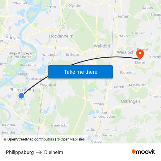 Philippsburg to Dielheim map