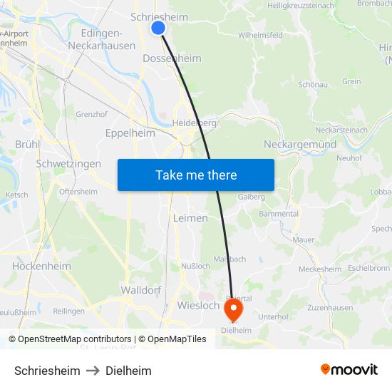 Schriesheim to Dielheim map