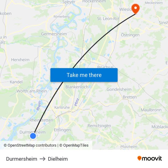 Durmersheim to Dielheim map