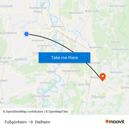 Fußgönheim to Dielheim map