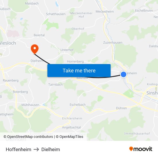 Hoffenheim to Dielheim map