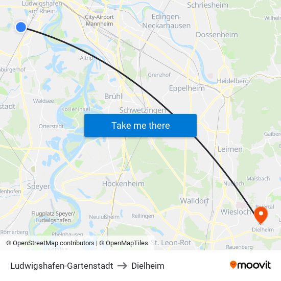 Ludwigshafen-Gartenstadt to Dielheim map