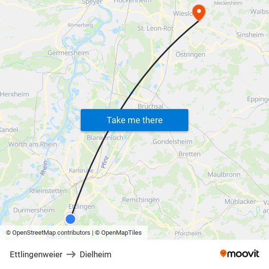 Ettlingenweier to Dielheim map