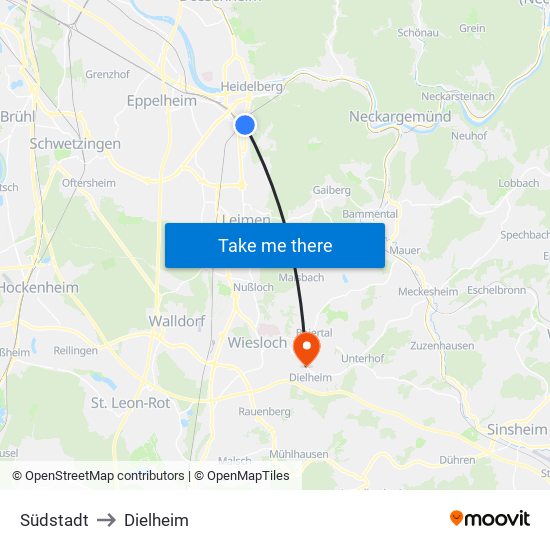 Südstadt to Dielheim map