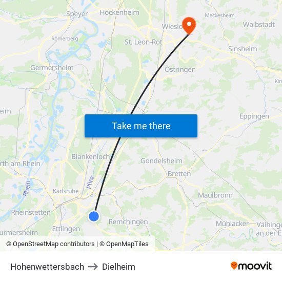 Hohenwettersbach to Dielheim map
