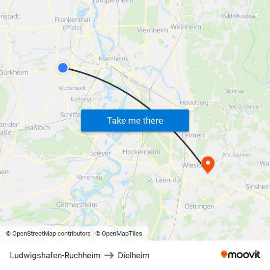 Ludwigshafen-Ruchheim to Dielheim map