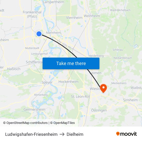 Ludwigshafen-Friesenheim to Dielheim map