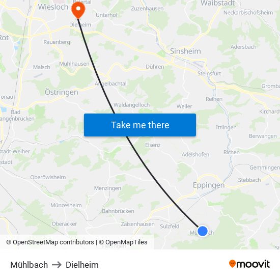 Mühlbach to Dielheim map