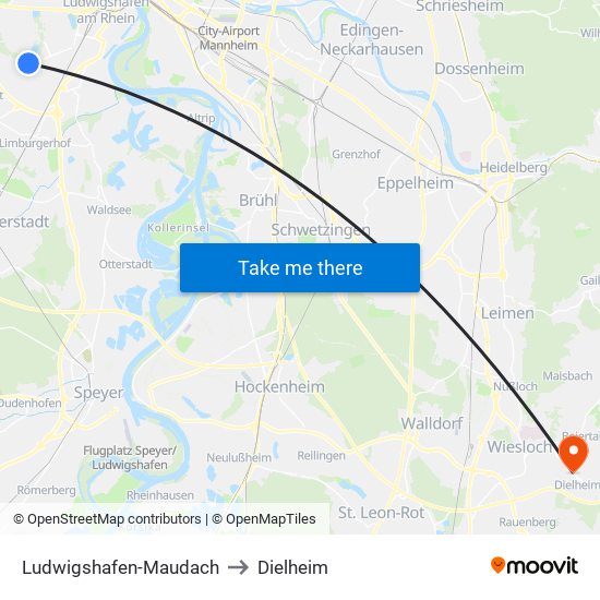 Ludwigshafen-Maudach to Dielheim map