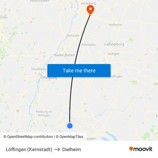 Löffingen (Kernstadt) to Dielheim map